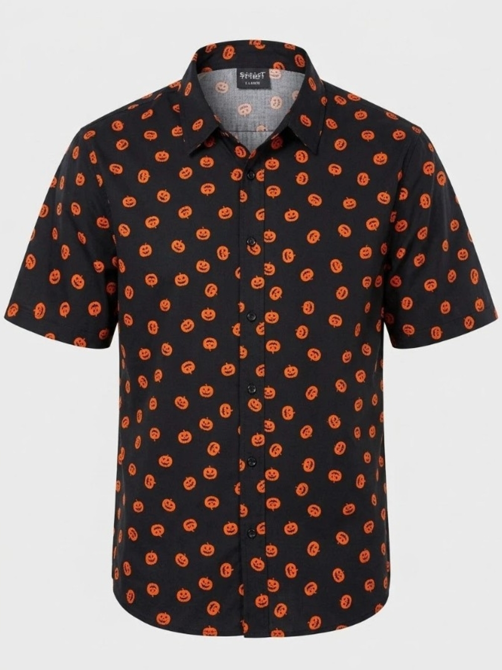 Spirit Black Short-Sleeve Button-Down with Orange Pumpkin Print XL